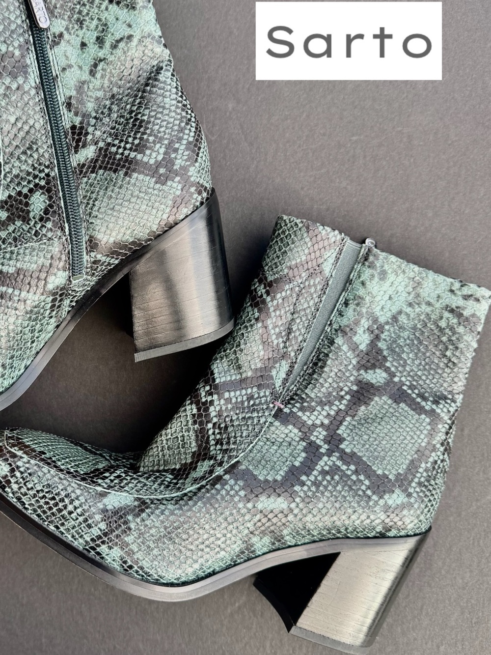 Franco Sarto Turquoise Green Snakeskin-Print Ankle Booties